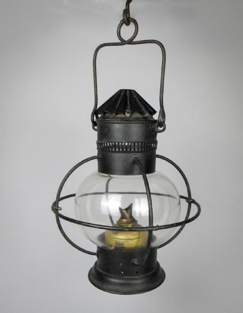 Early 20th Century Toleware Globular Hanging Oil Lamp with Brass Burner.