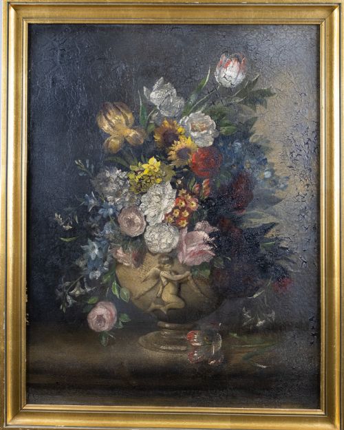 Large 18th Century Oil on Canvas - Still Life of Flowers with Cupid Urn.