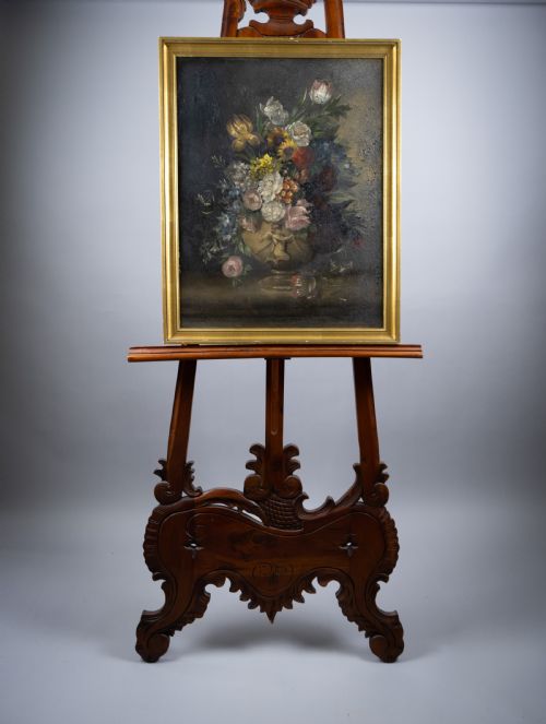 fig 1. Large 18th Century Oil On Canvas - Still Life Of Flowers With Cupid Urn.