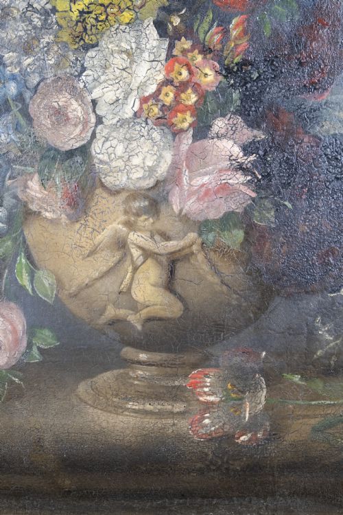 fig 2. Large 18th Century Oil On Canvas - Still Life Of Flowers With Cupid Urn.