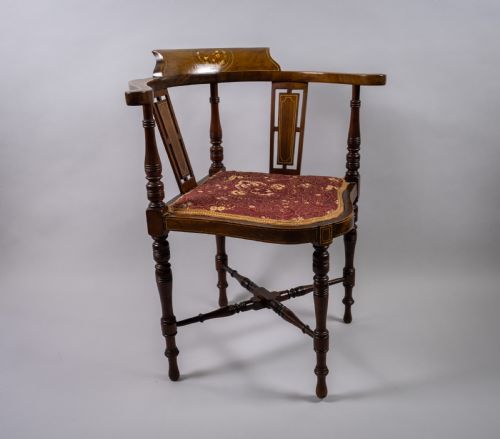Edwardian Mahogany Inlaid Corner Chair with Musical Instrument Motif