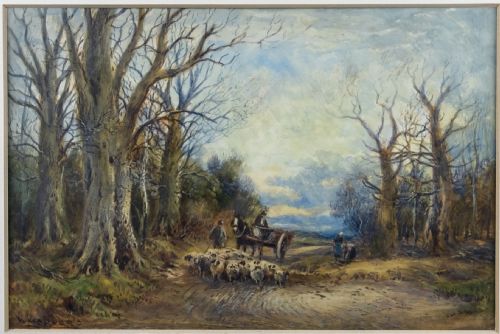 William Manners R.b.a (1860-1930) - Shepherd with Flock on Woodland Path, C.1910