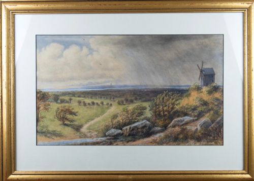 Stephen Wakefield (1894), Large Country Landscape with Windmill/estuary - Watercolour.