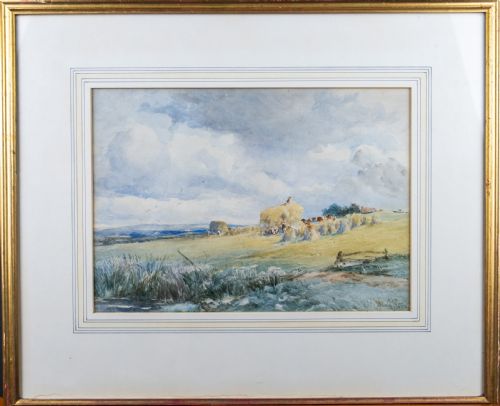 David Bates (1840-1921) - Figures in a Hayfield with Storm Gathering. Watercolour.