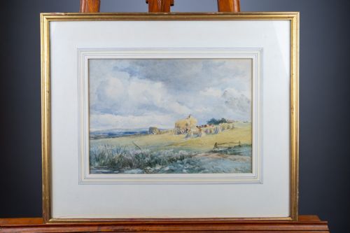 fig 1. David Bates (1840-1921) - Figures In A Hayfield With Storm Gathering. Watercolour.
