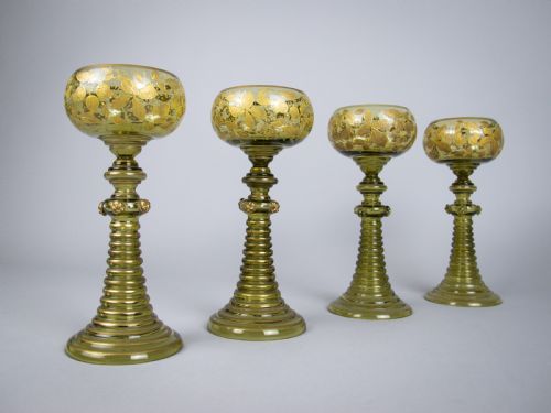 Four Bohemian Moser Green & Gilt Roemer Wine Glasses, C.1900