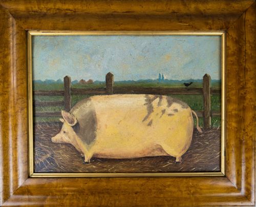 Early 20th Century Prize Pig in Landscape, Oil on Panel - English School.