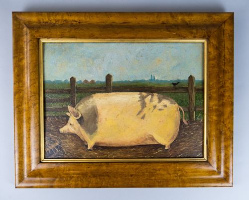 fig 1. Early 20th Century Prize Pig In Landscape, Oil On Panel - English School.