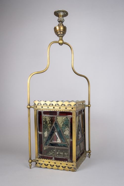 Victorian Brass & Stained Glass Hall Lantern, C.1890