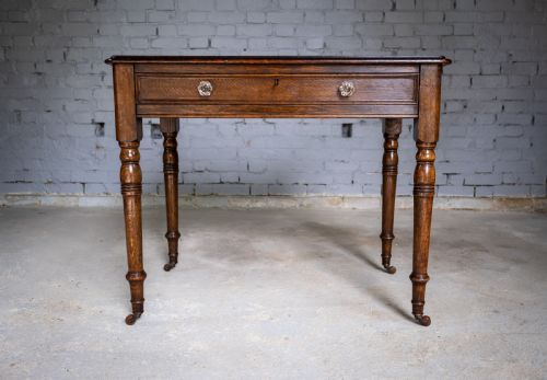 fig 1. Mid Victorian Oak Writing Desk With Single Drawer, Key & Ceramic Castors.
