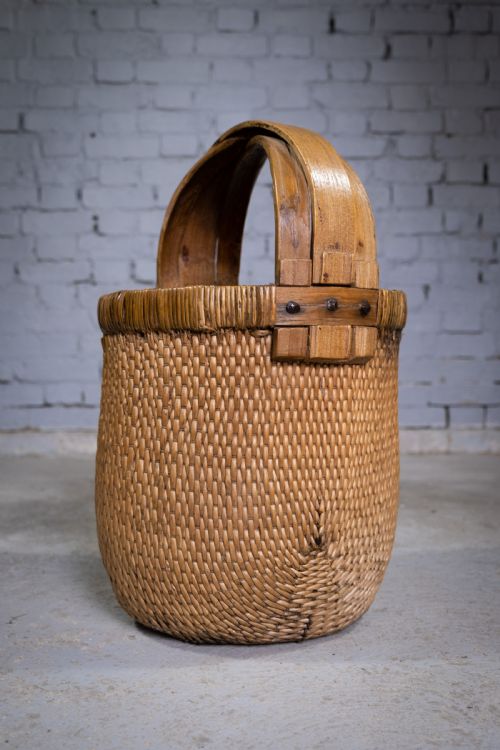 Large 19th Century Chinese Woven Rice Basket with Wooden Handle