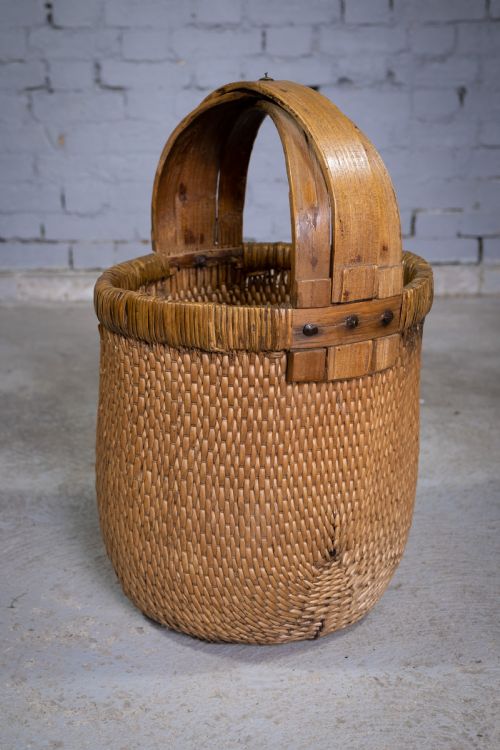fig 1. Large 19th Century Chinese Woven Rice Basket With Wooden Handle