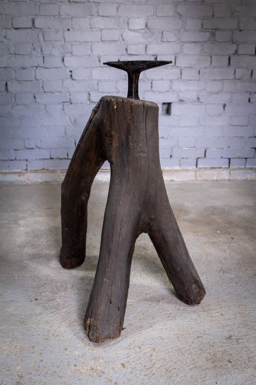 fig 1. 19th Century Sculptural Blacksmith's Anvil On Tripod Tree Stump Base.