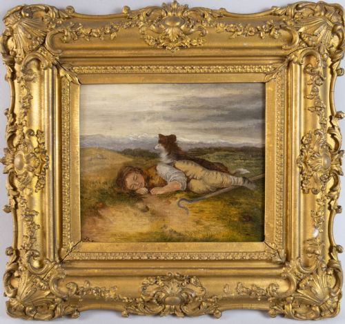 19th Century Oil on Canvas Resting Shepherd & Dog in Landscape, Signed & Dated. English School.