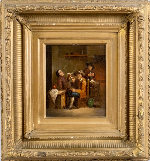 After David Teniers the Younger (1610-1690) - Smokers in a Tavern. Oil on Tin.