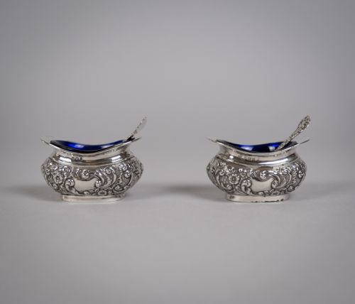 Pair Sterling Silver Salt Cellars & Matching Spoons by Joseph Gloster, Birmingham, 1905.