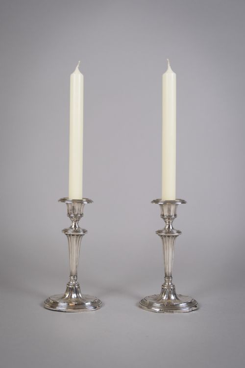 Pair of Sterling Silver Neoclassical Candlesticks by Charles Boyton & Sons, 1911.