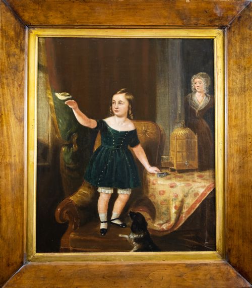 19th Century Oil on Canvas - Young Girl Releasing Bird from Cage.