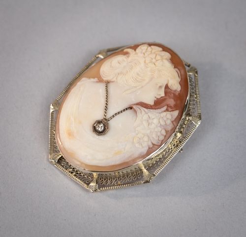 14 Carat White Gold Filigree & Diamond Carved Cameo Brooch.
