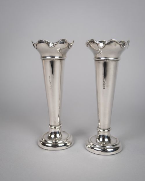 Pair Sterling Silver Spill Vases by W. E. Hill & Co, London, 1907.