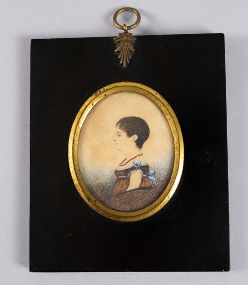 19th Century Miniature Portrait of Small Girl in Red & Blue Dress.