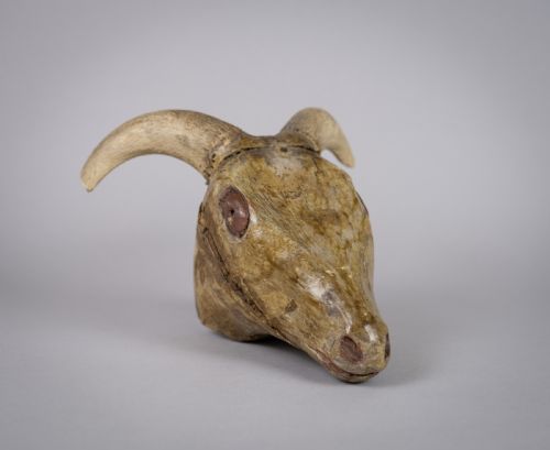 19th Century Folk Art Carved Wooden Ram's Head with Horns.