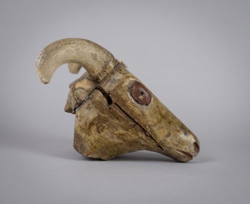fig 1. 19th Century Folk Art Carved Wooden Ram's Head With Horns.