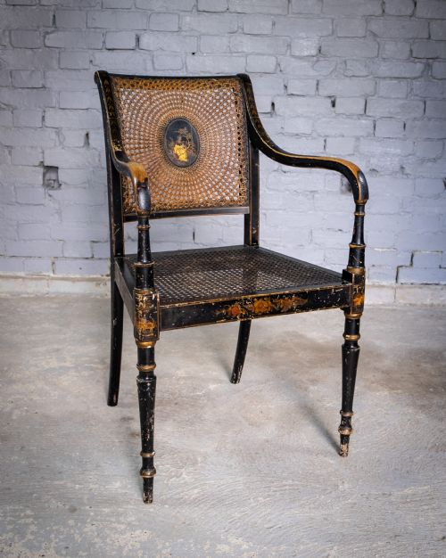 Early 20th Century Japanned Chinoiserie Cane Elbow Chair, C.1910