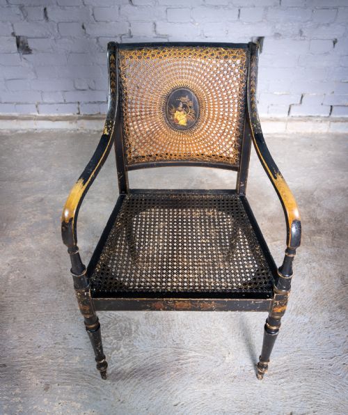 fig 2. Early 20th Century Japanned Chinoiserie Cane Elbow Chair, c.1910