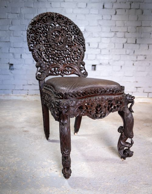 19th Century Burmese Anglo-indian Carved Rosewood Chair.