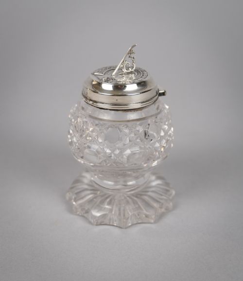 Unusual 19th Century Sterling Silver & Cut Glass Sundial Inkwell, 1876.