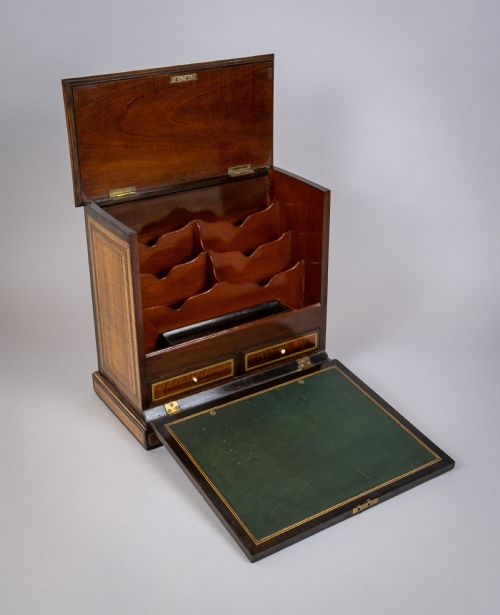 19th Century Inlaid Mahogany Drop Front Stationary Box, C.1880.
