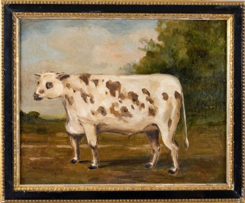 Early 20th Century Prize Bull in Landscape. Dated 1921. Oil on Board.