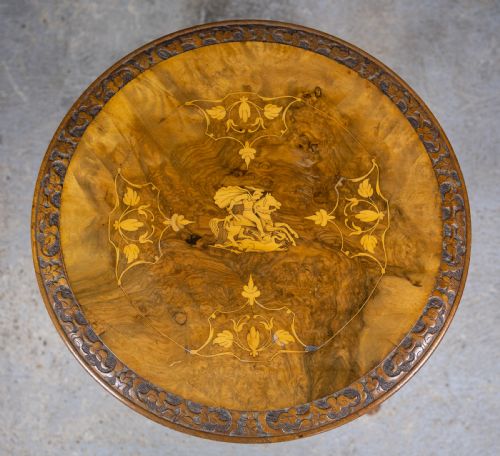 fig 1. Burr Walnut Marquetry 'George & Dragon' Wine Table, c.1870.