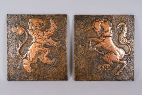 Arts & Crafts Copper Lion & Unicorn Plaques / Panels, C.1910.