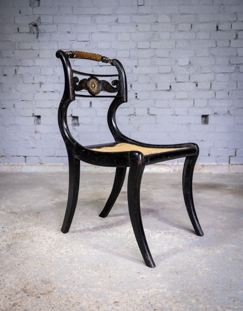 Regency Ebonised, Gilt & Painted Cane Sabre Leg Chair
