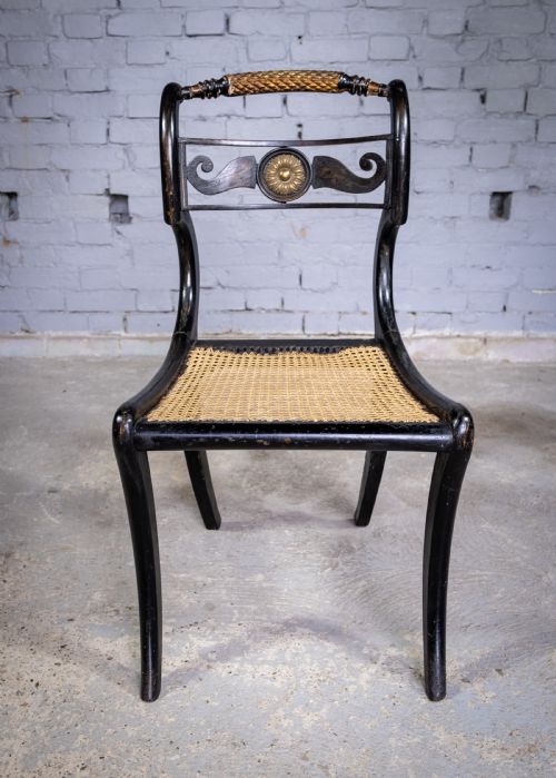 fig 1. Regency Ebonised, Gilt & Painted Cane Sabre Leg Chair