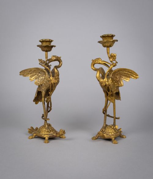 Pair of French 'Japanesque' Gilt Bronze Candlesticks, C.1890.