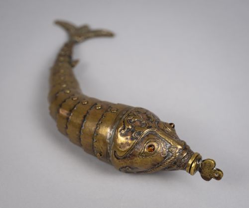 Large 19th Century Indian Brass Articulated Fish Powder Flask