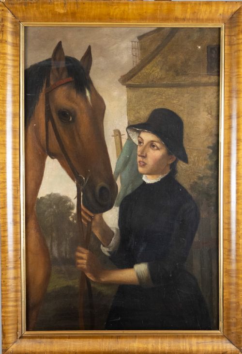 fig 1. 19th Century Oil On Canvas Horse & Rider In Maple Frame.