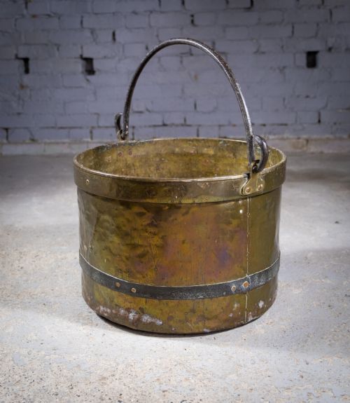 LARGE GEORGIAN BRASS COPPER IRON LOG BUCKET BIN - ADDITIONAL PHOTO 1