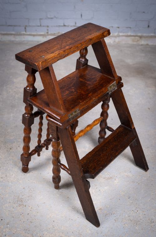 GEORGIAN OAK METAMORPHIC CHAIR LIBRARY STEPS - ADDITIONAL PHOTO 9