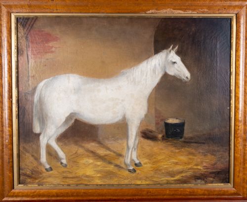 r cooper 1849 portrait of a white horse in stable signed dated oil on canvas - CATEGORY: ANTIQUE ART - DATED 1850