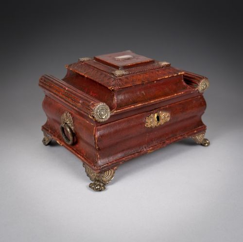 regency red leather brass workbox with secret compartment - CATEGORY: ANTIQUE BOXES - DATED REGENCY