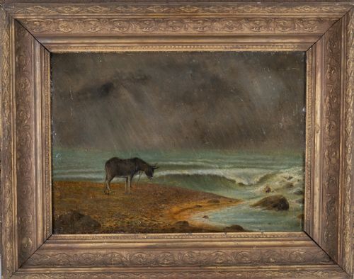 19th century oil on board donkey on a stormy beach - CATEGORY: ANTIQUE ART - DATED 19TH CENTURY