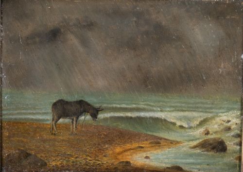 19TH CENTURY OIL ON BOARD DONKEY ON A STORMY BEACH - ADDITIONAL PHOTO 1