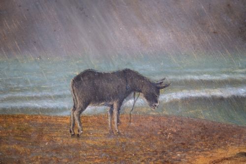 19TH CENTURY OIL ON BOARD DONKEY ON A STORMY BEACH - ADDITIONAL PHOTO 2