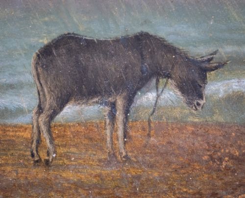19TH CENTURY OIL ON BOARD DONKEY ON A STORMY BEACH - ADDITIONAL PHOTO 3