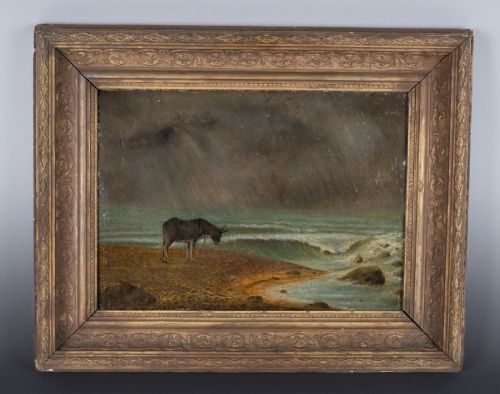 19TH CENTURY OIL ON BOARD DONKEY ON A STORMY BEACH - ADDITIONAL PHOTO 5
