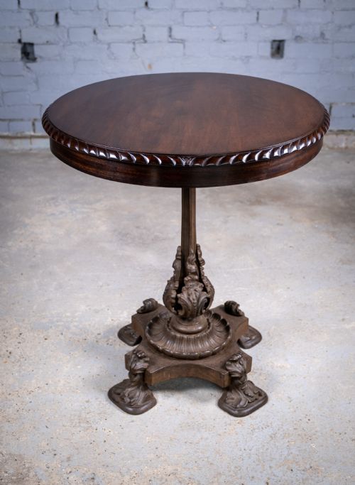 19th century cast iron tilt table with later flame mahogany top - CATEGORY: ANTIQUE TABLES - DATED 19TH CENTURY